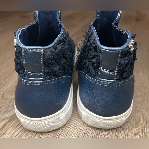 Tory Burch Rosette High Top Sneakers Navy Blue Leather Size 9 Ankle Booties - Picture 11 of 15